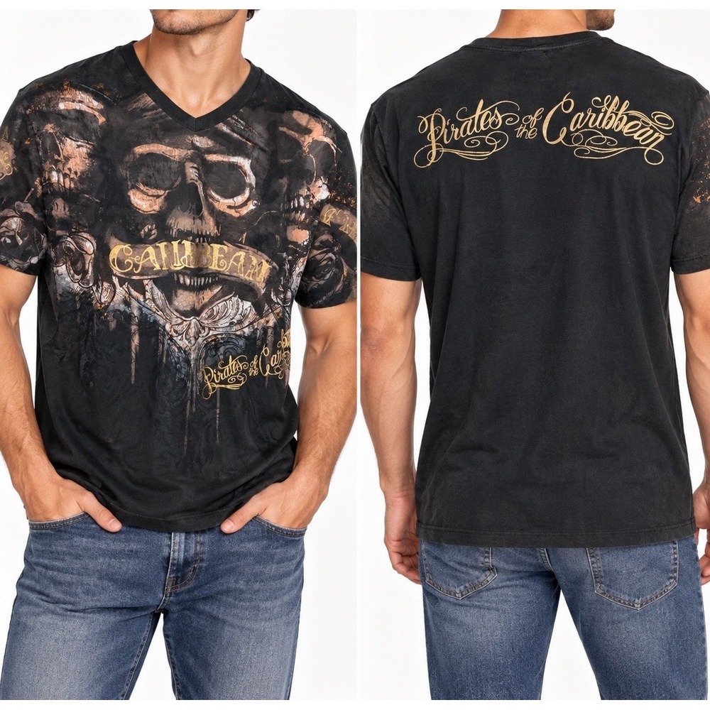 Disney Parks Pirates of the Caribbean Skull AOP Graphic T Shirt L